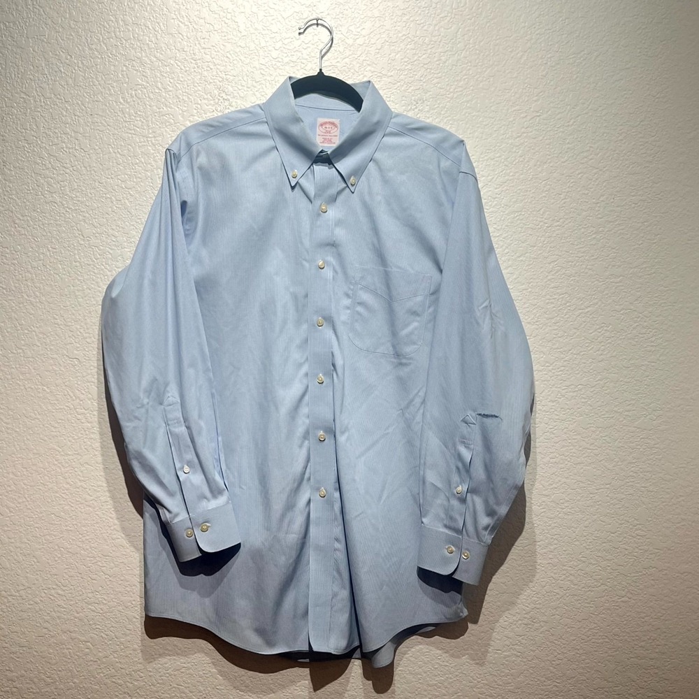 Brooks Brothers Dress‎ Shirt Mens 16.5 Blue White Cotton Regular Fit Pleated